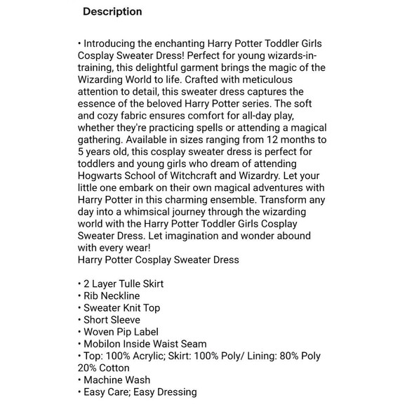 Harry Potter Toddler Girl Cosplay Sweater Dress  Size 3T  NWT  Gray / Black - Picture 8 of 9